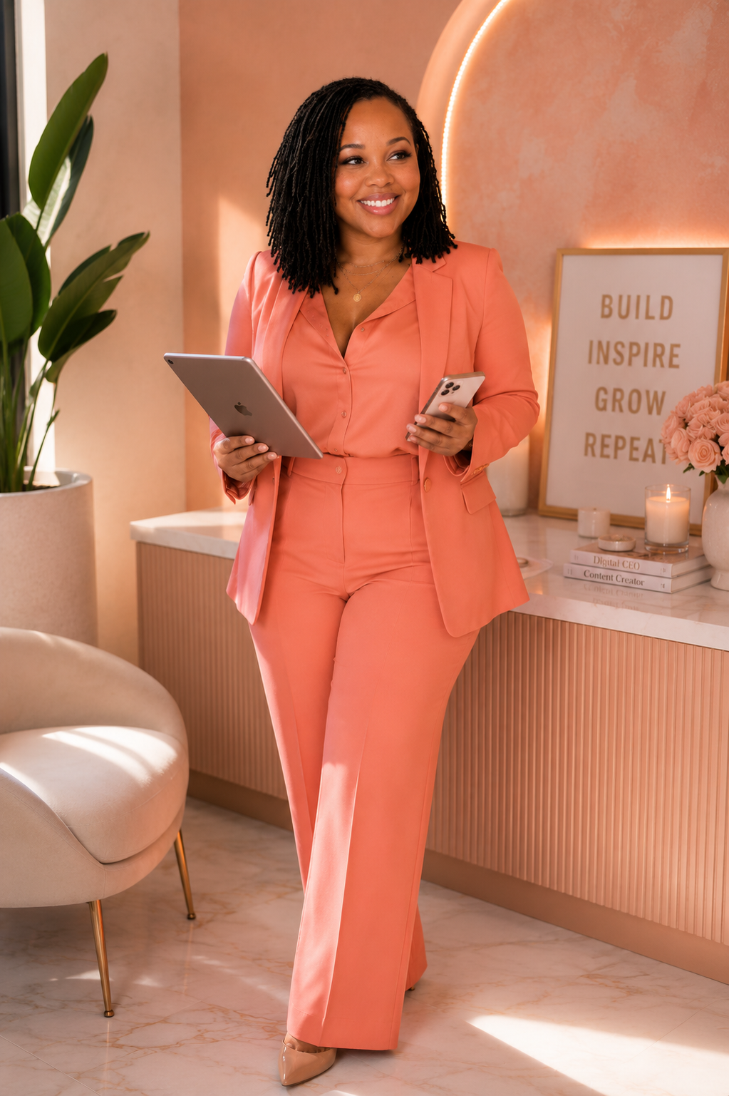 Silent Sales founder in coral suit